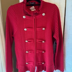 Roaman's Vibrant Red Cardigan with Gold Buttons and Peplum. 
Size Med. Unique! 💄